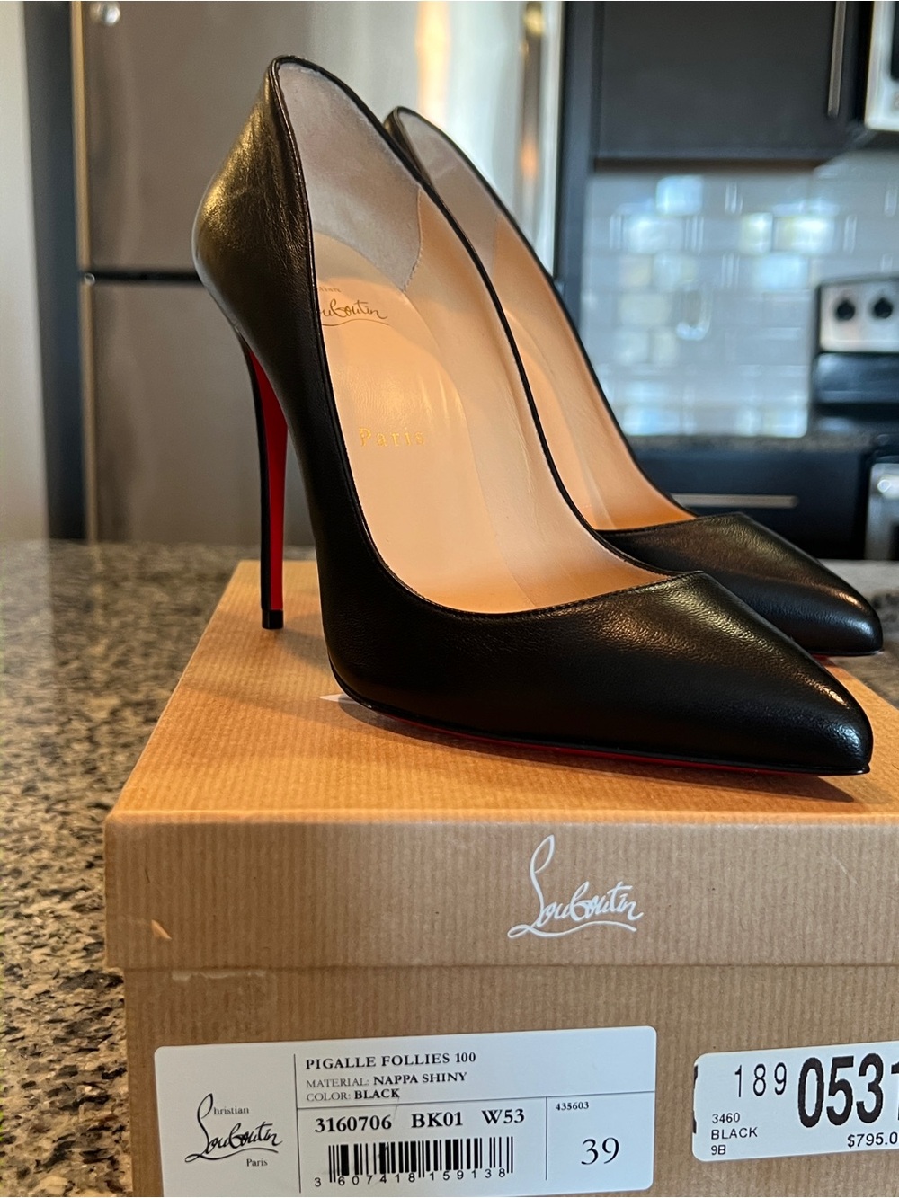 Christian Louboutin Black Leather Pointed-Toe Stiletto with Red Sole - Picture 2 of 8